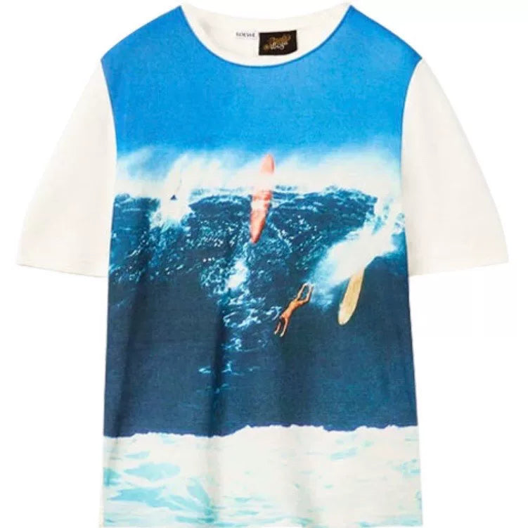 Loewe Knit Surf Ocean Print Cotton Color-Blocked Short Sleeve T-Shirt