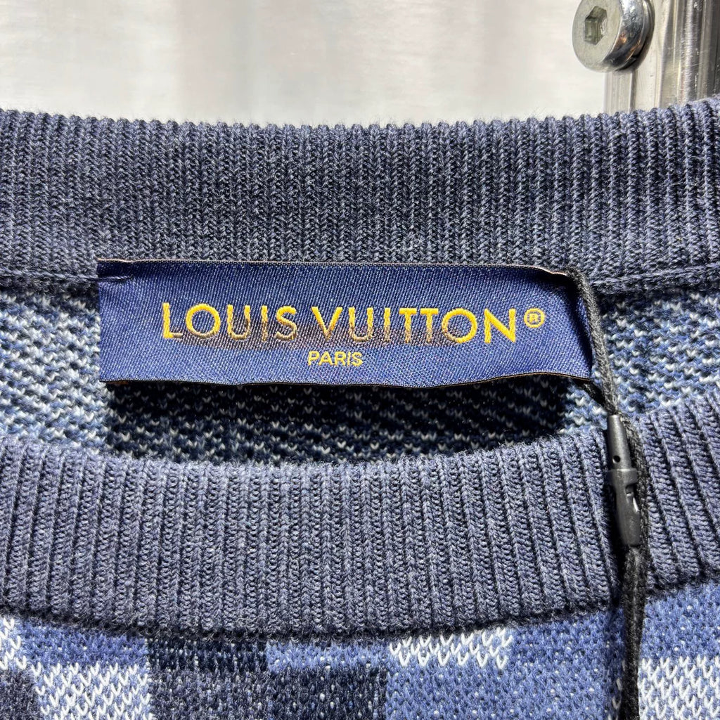 Louis Vuitton Long Sleeve Knit Checkerboard Studded Logo Embroidered Logo Cotton Navy Hoodie