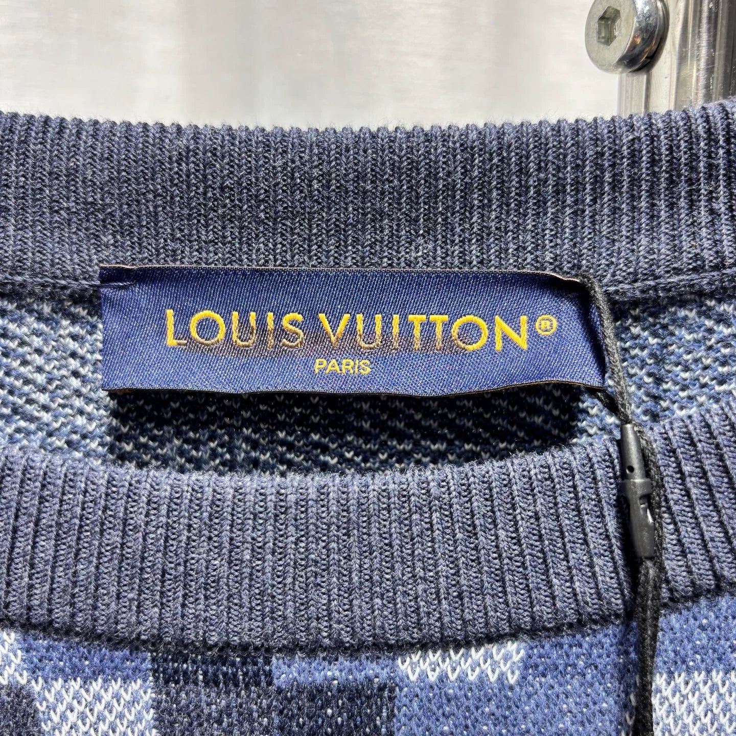 Louis Vuitton Long Sleeve Knit Checkerboard Studded Logo Embroidered Logo Cotton Navy Hoodie
