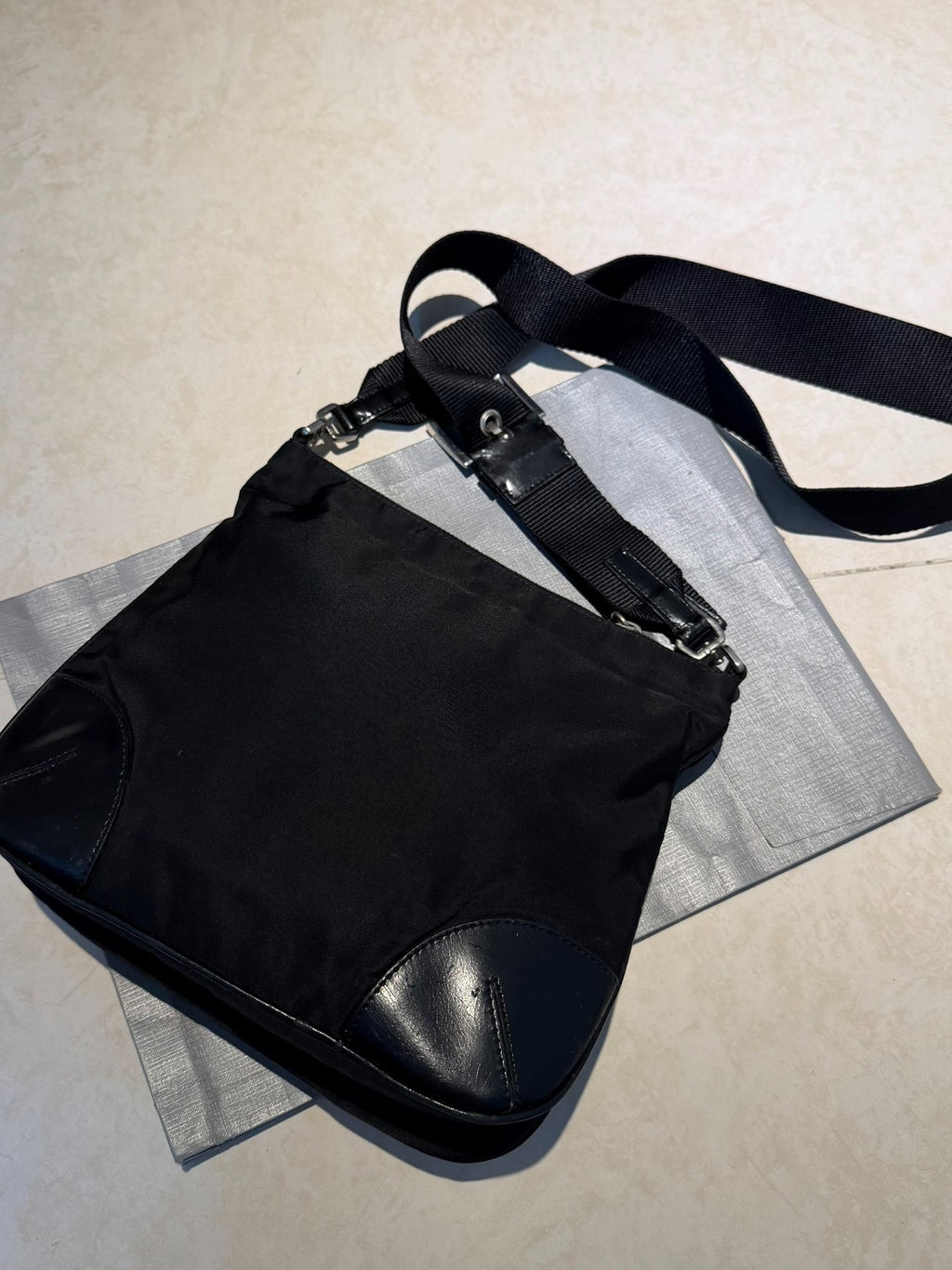 Prada Nylon Pieced Leather Crossbody Black Bag