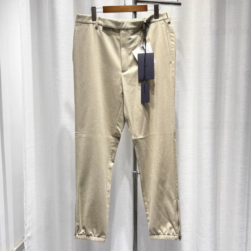 Prada Khaki Triangle Logo Zip-Leg Goat Cashmere Pants