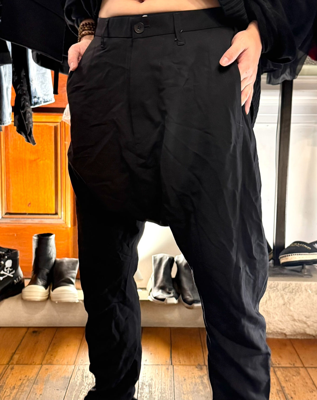 Julius FW16 Pre Black Drop-Crotch Wool Viscose Trousers