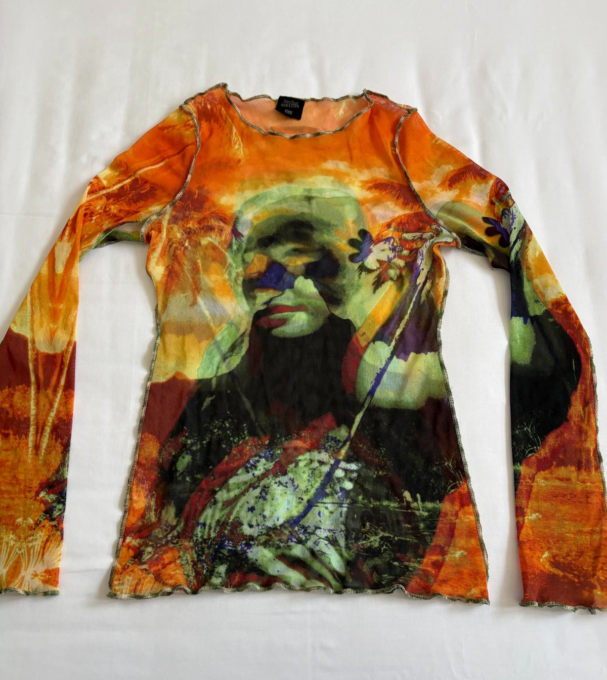 Jean Paul GAULTIER runway-style portrait print mesh top