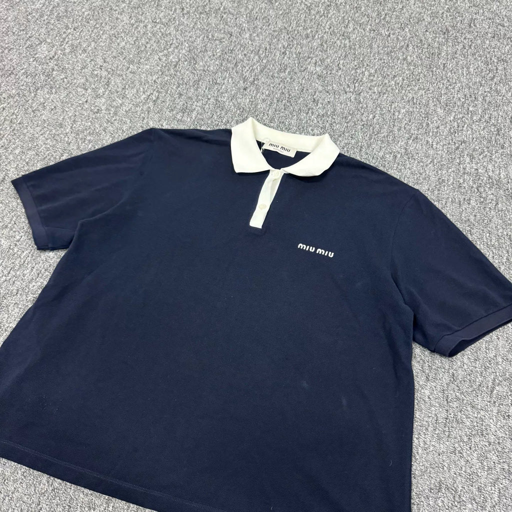 Miu Miu SS25 Short Sleeve Top Navy Embroidered Logo Polo Shirt