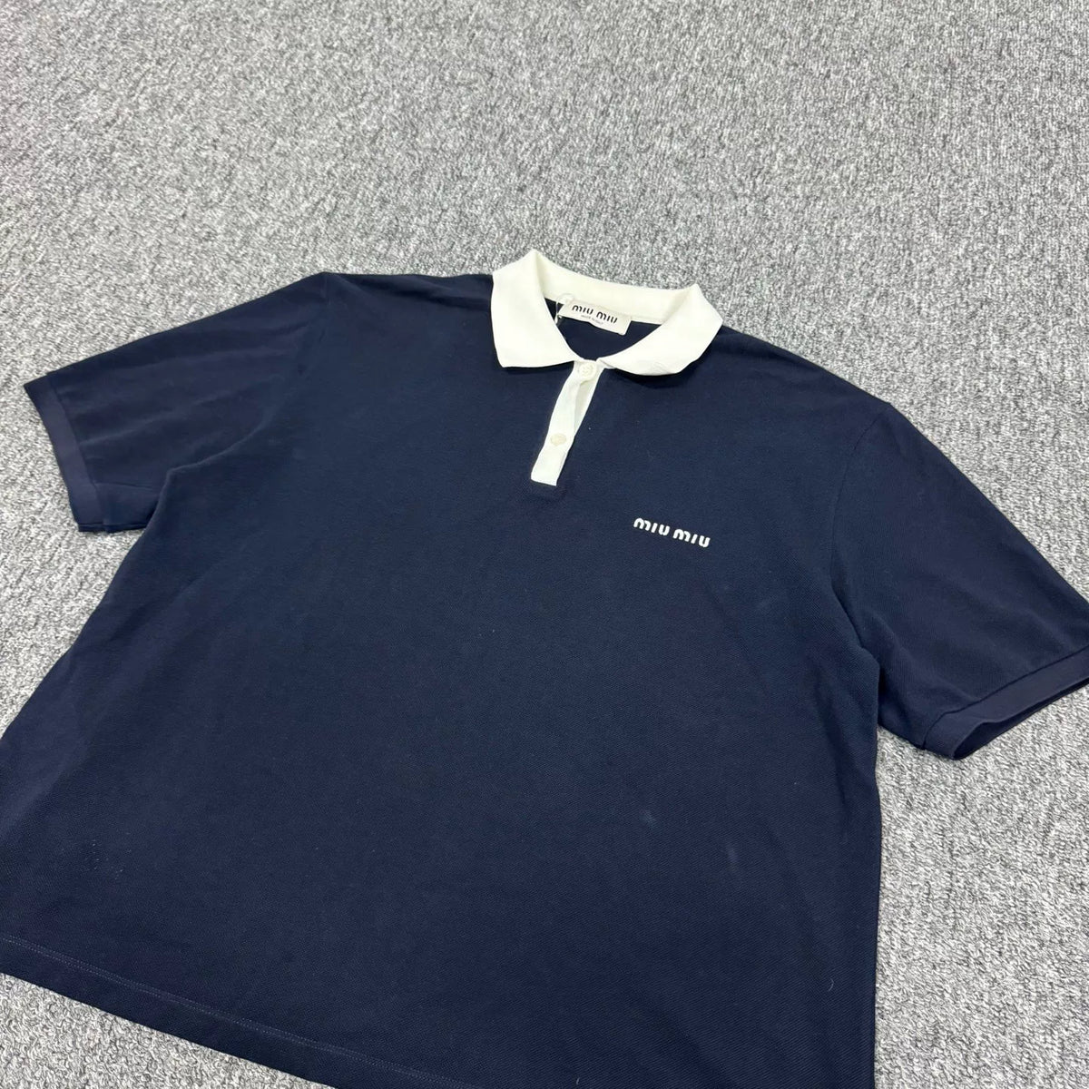 Miu Miu SS25 Short Sleeve Top Navy Embroidered Logo Polo Shirt