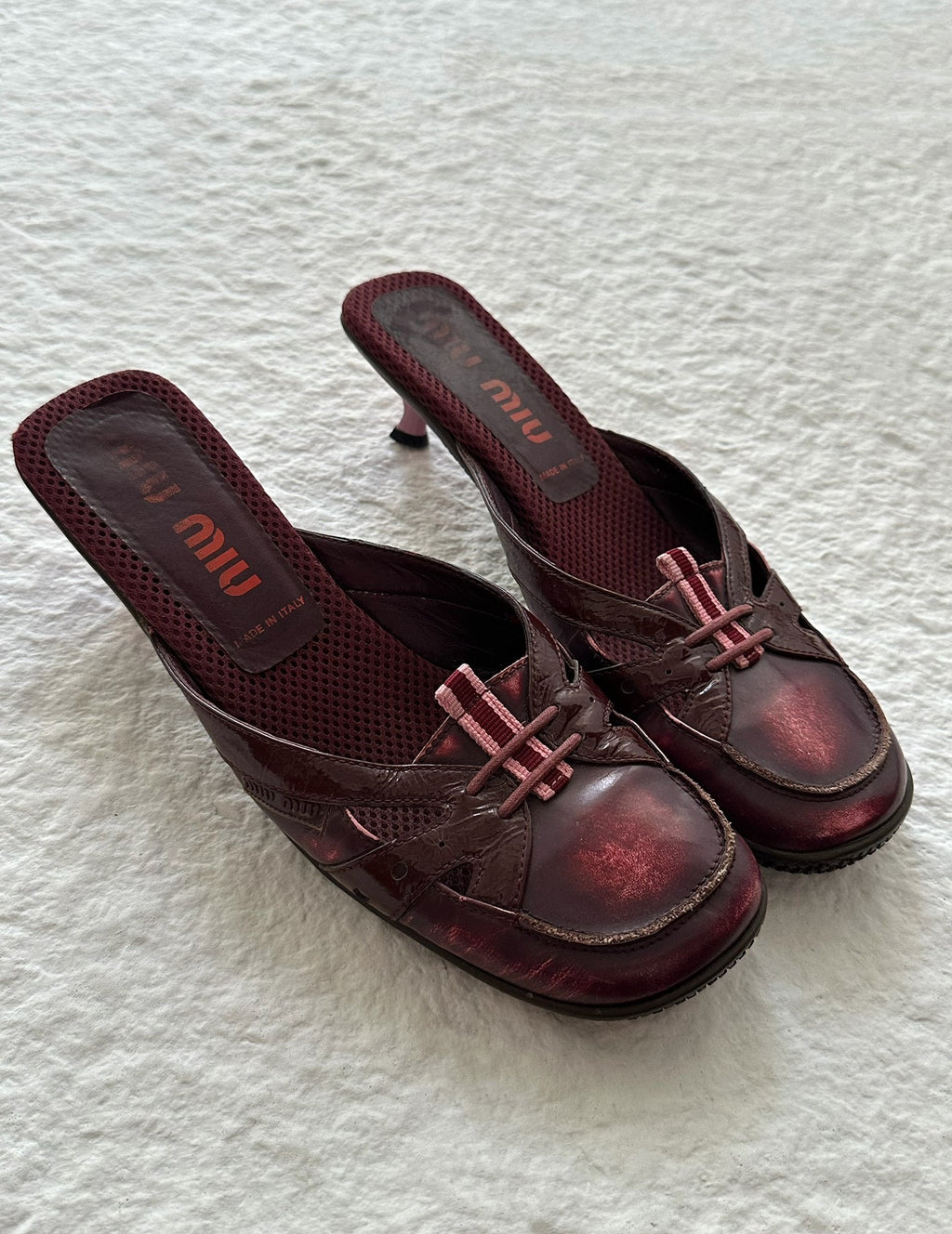 Miu Miu 00SS Wine Red Patent Leather Distressed Mule Slippers