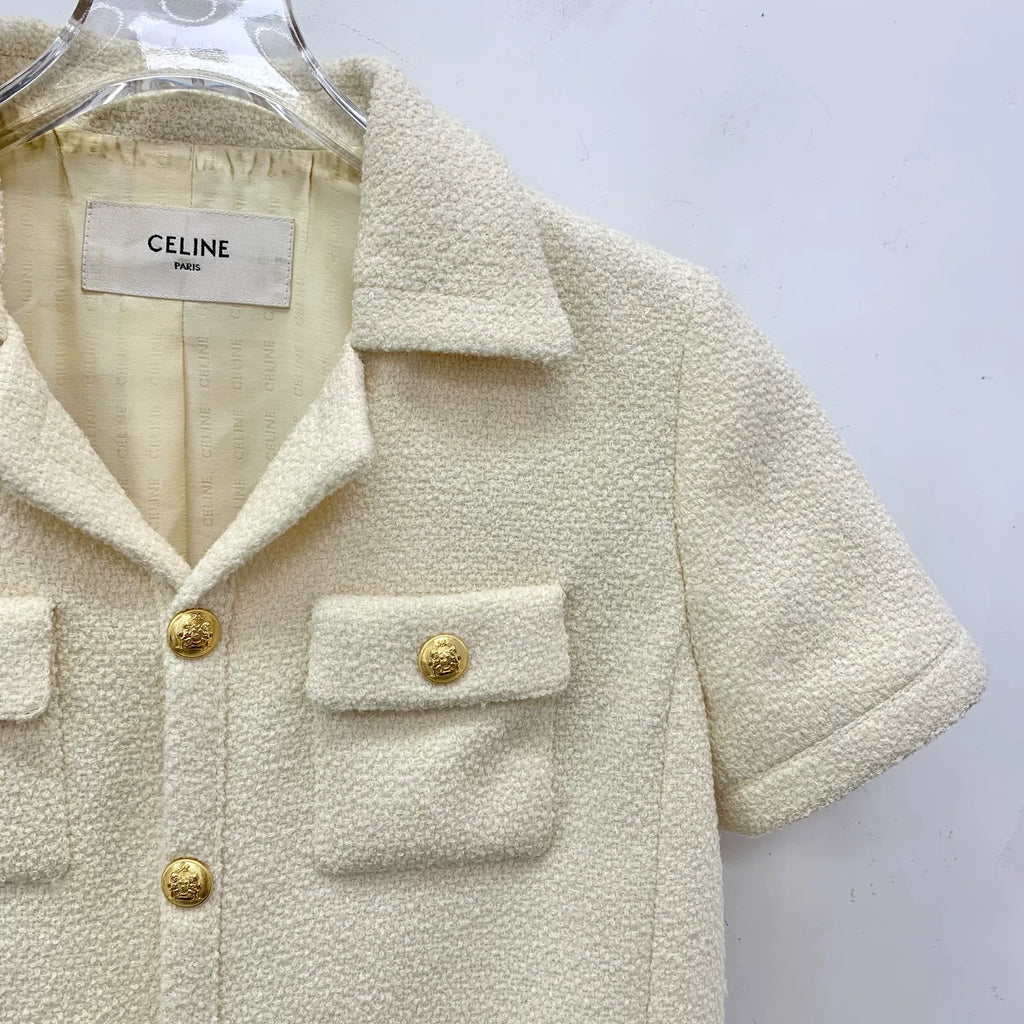 Celine Beige Gold-Button Wool Collared Single-Breasted Short Sleeve Boucle Jacket