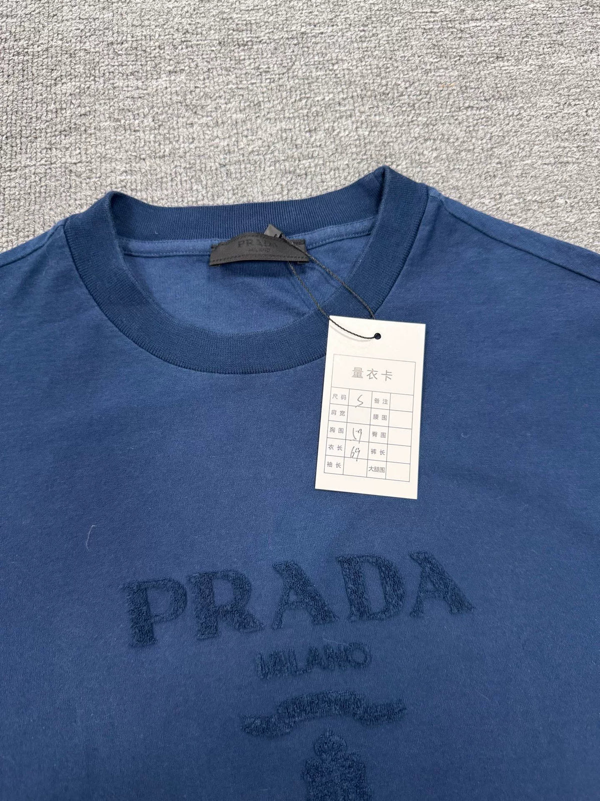 Prada Navy Blue Flocked Logo Short Sleeve Top