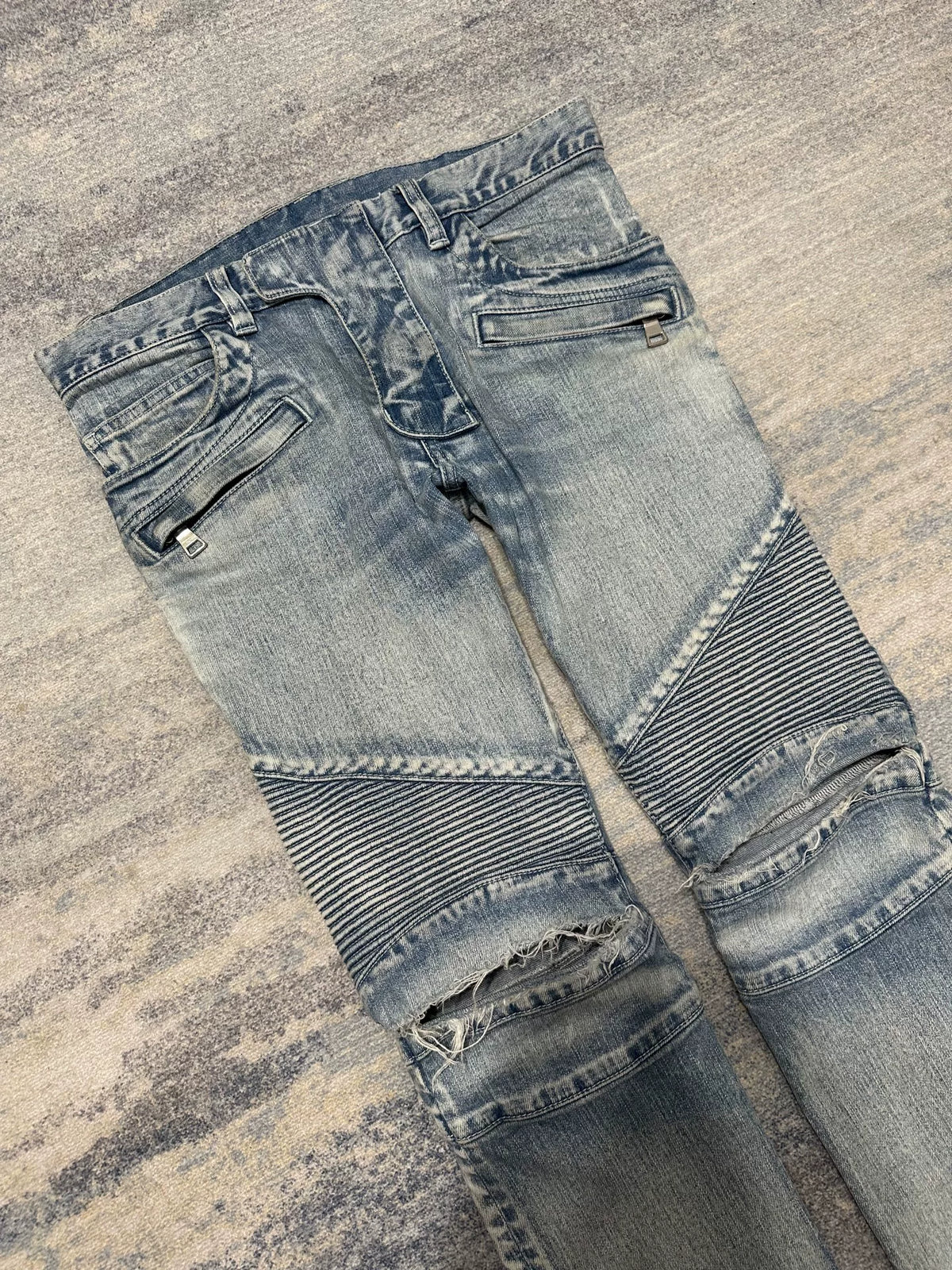 Balmain SS15 ice blue distressed biker jeans