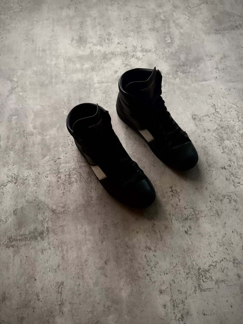Saint Laurent Paris 13AW SL/02H Black White Patch Leather High Top Sneakers by Hedi Slimane