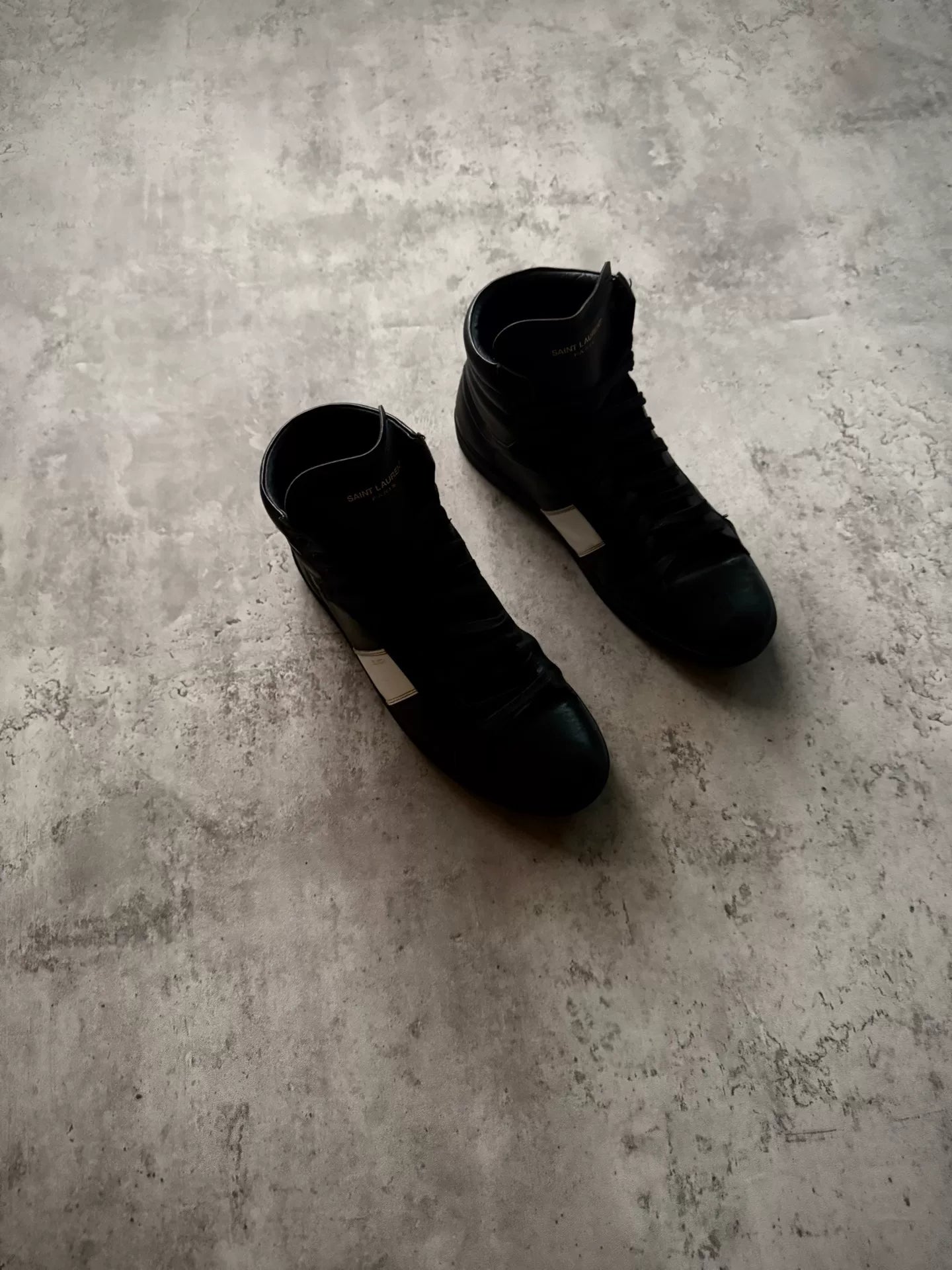 Saint Laurent Paris 13AW SL/02H Black White Patch Leather High Top Sneakers by Hedi Slimane