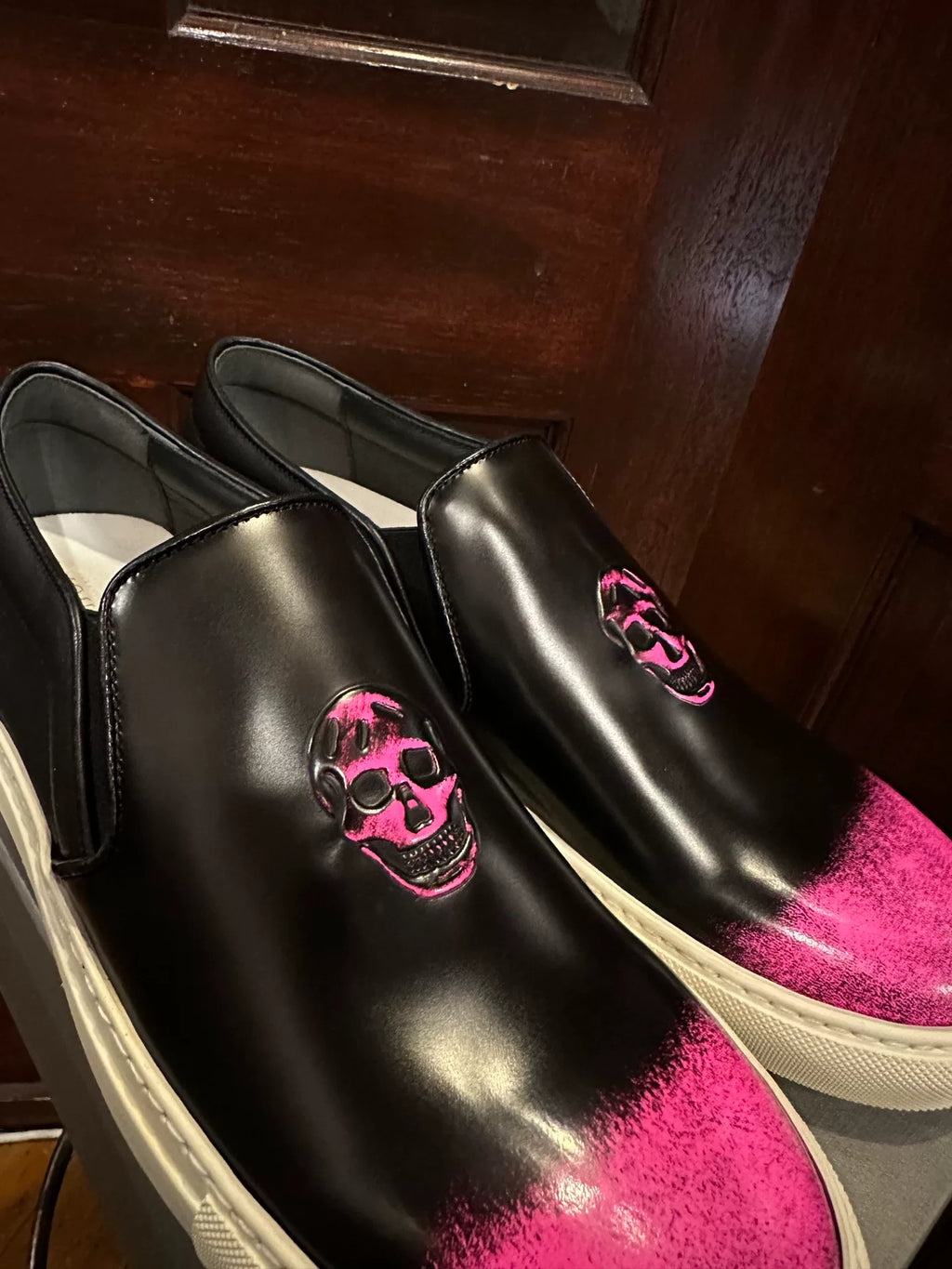 Alexander McQueen Black Embossed Pink Skull Sneakers