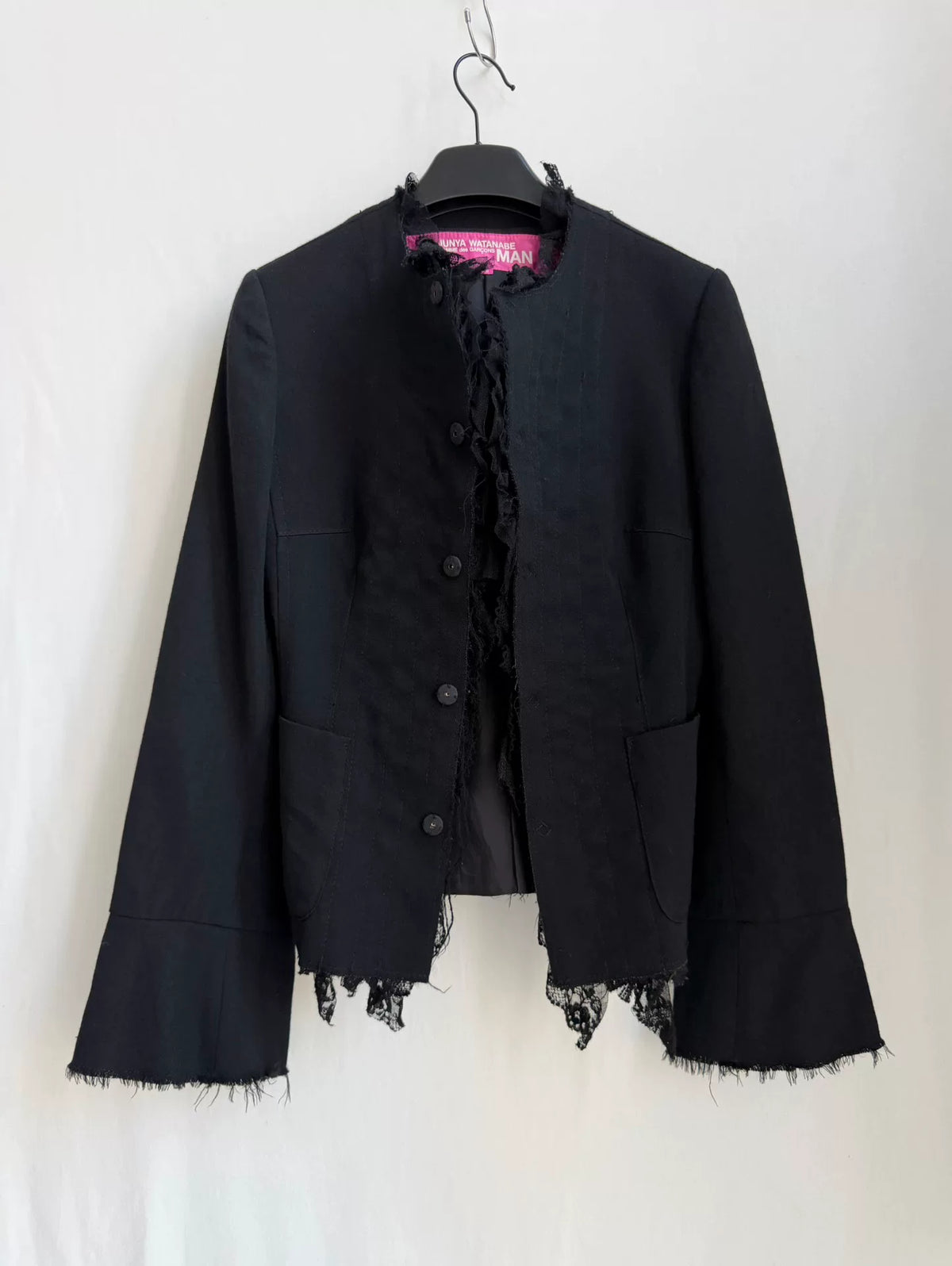 Junya Watanabe Black Stand-Collar Cinched Lace Wool Jacket