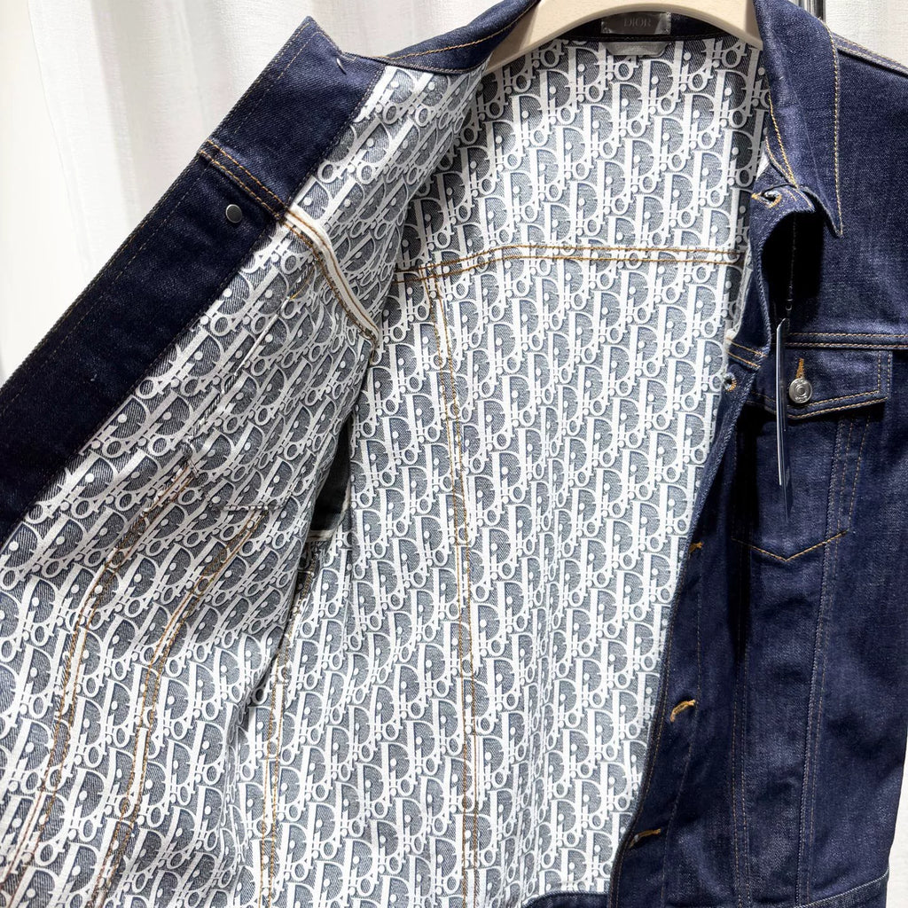 Dior Denim Lapel Monogram All-Over Print Metallic Button-Front Navy Jacket