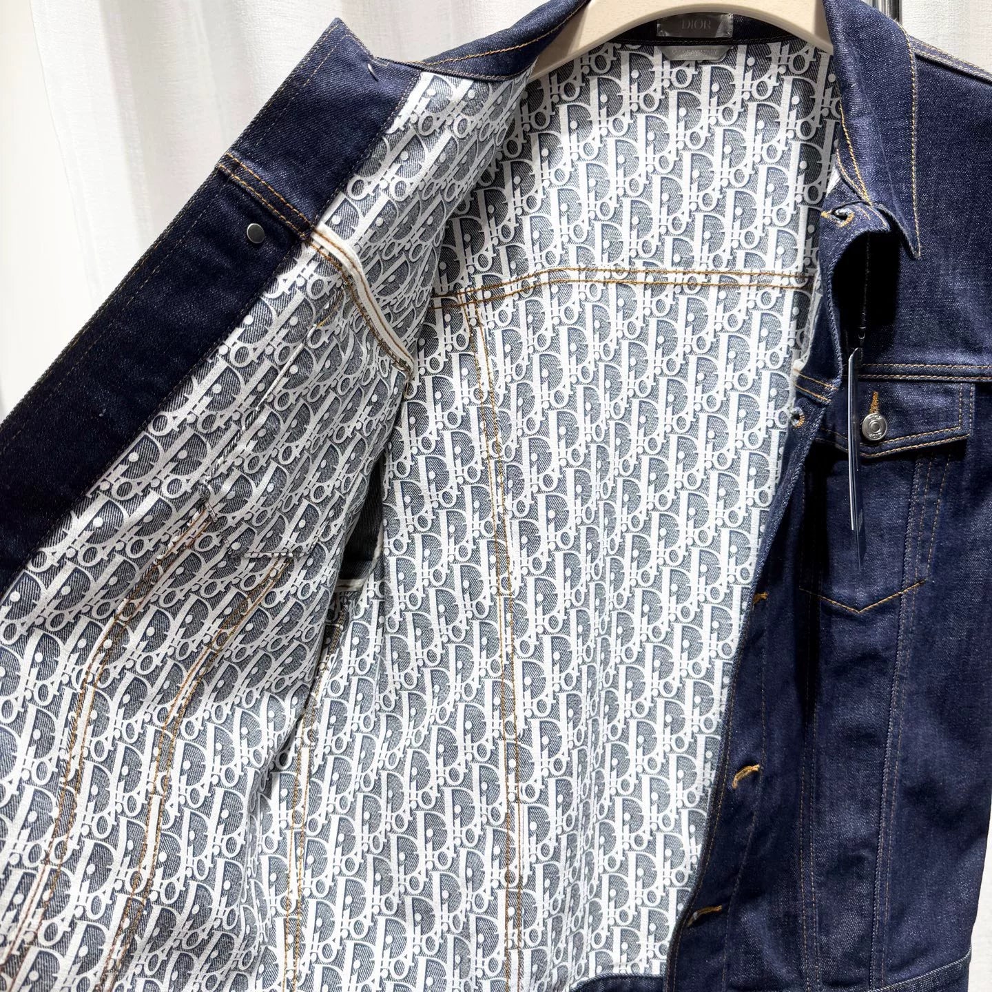 Dior Denim Lapel Monogram All-Over Print Metallic Button-Front Navy Jacket