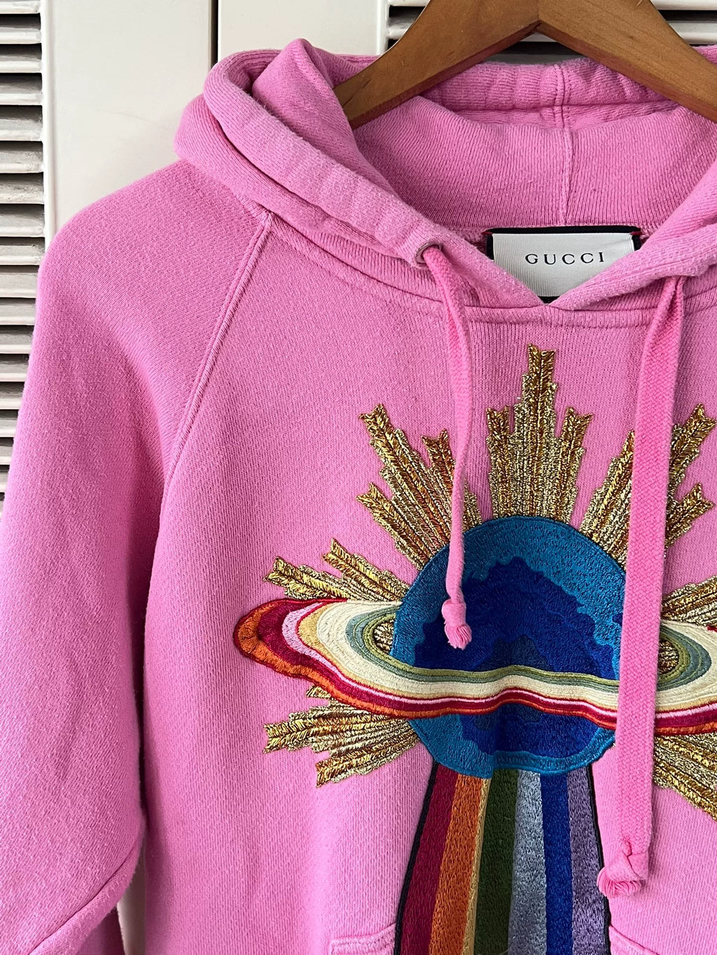 Gucci Pink Rainbow Planet Heavy Embroidery Hooded Sweater