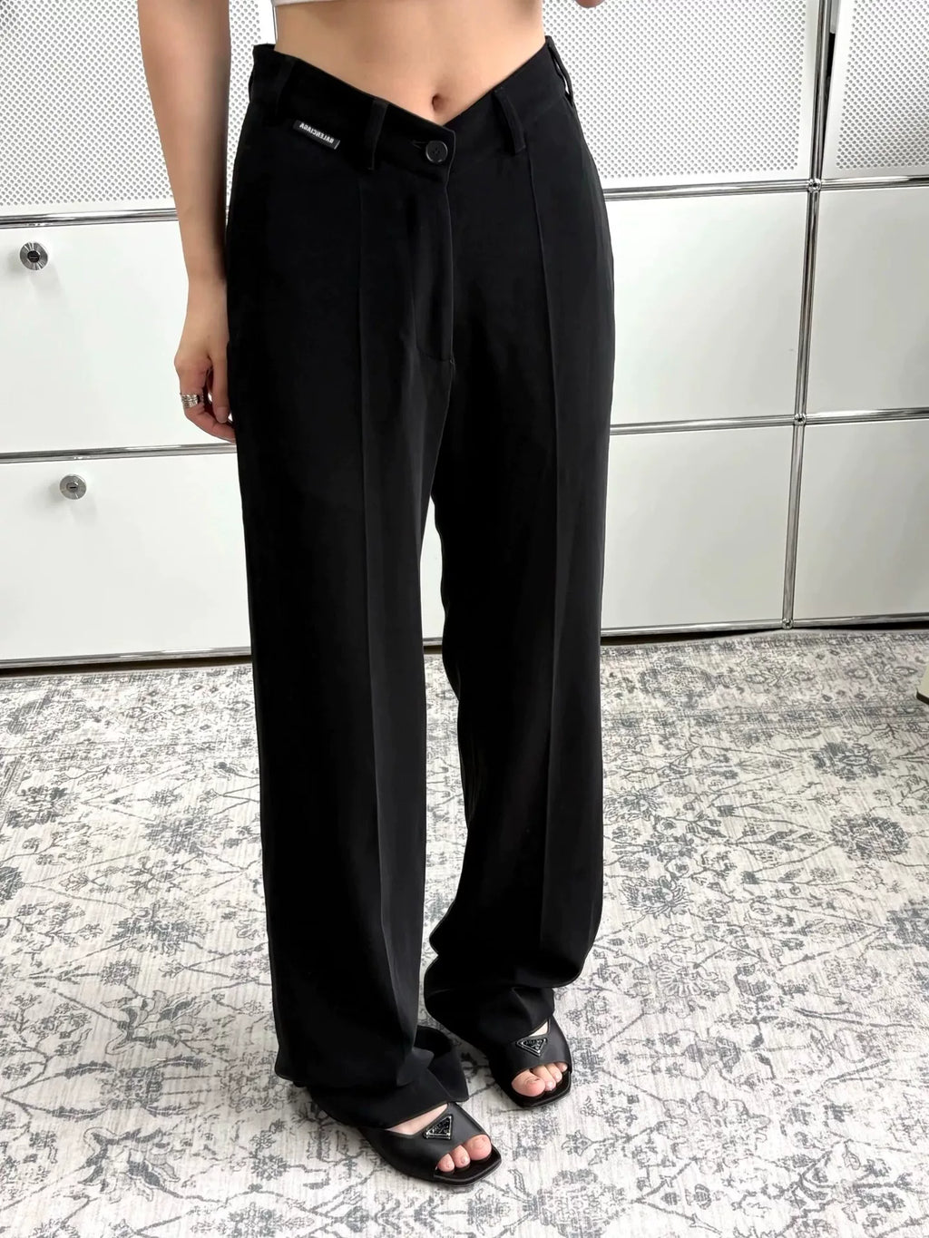 Balenciaga Black V-Logo Label Straight Wide-Leg Pants