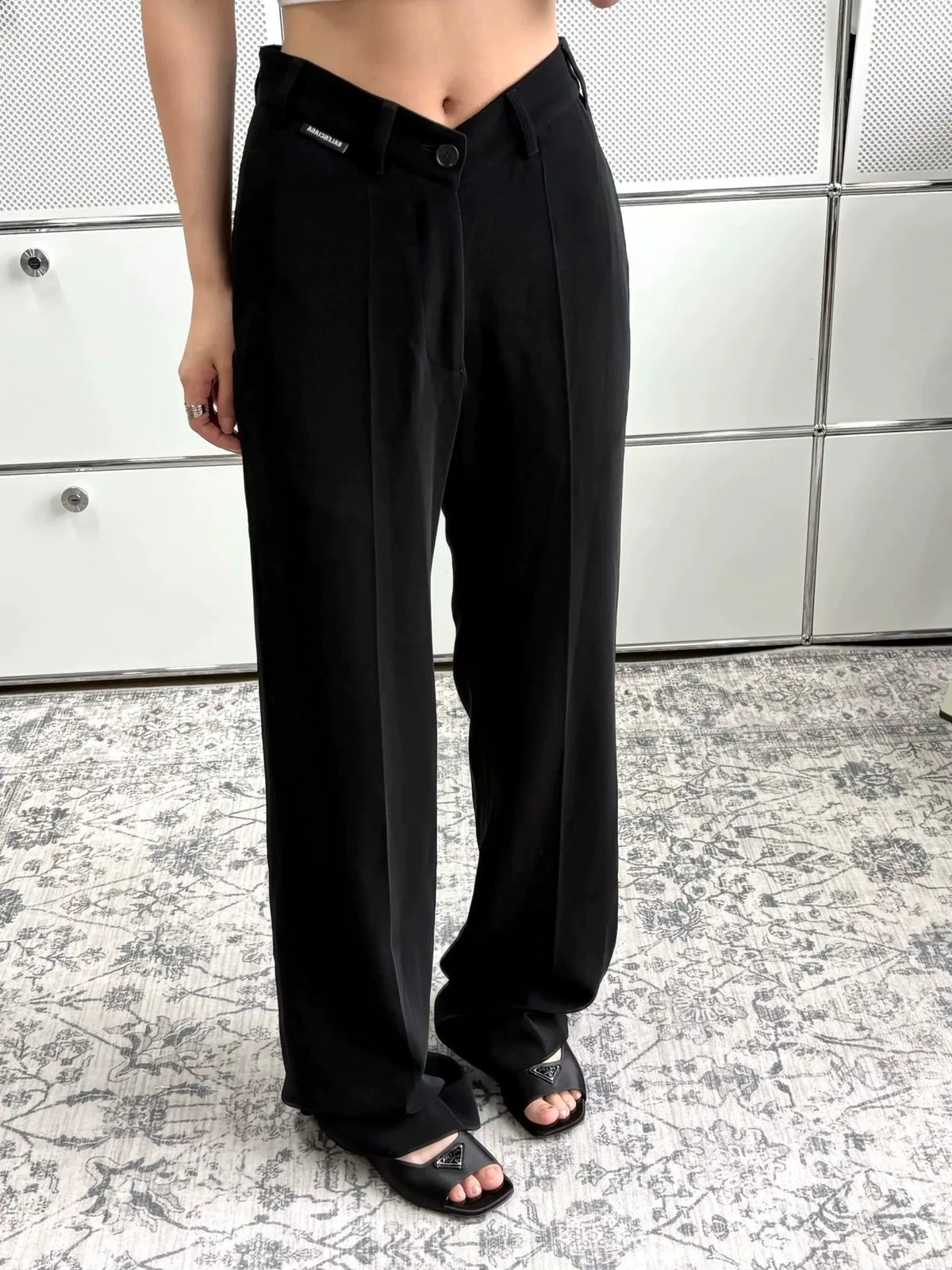 Balenciaga Black V-Logo Label Straight Wide-Leg Pants