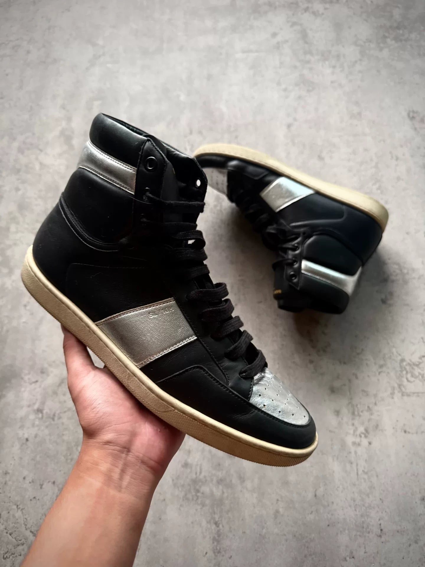 Saint Laurent Paris 14SS SL/10H Black Silver Colorblock High Top Sneakers by Hedi Slimane