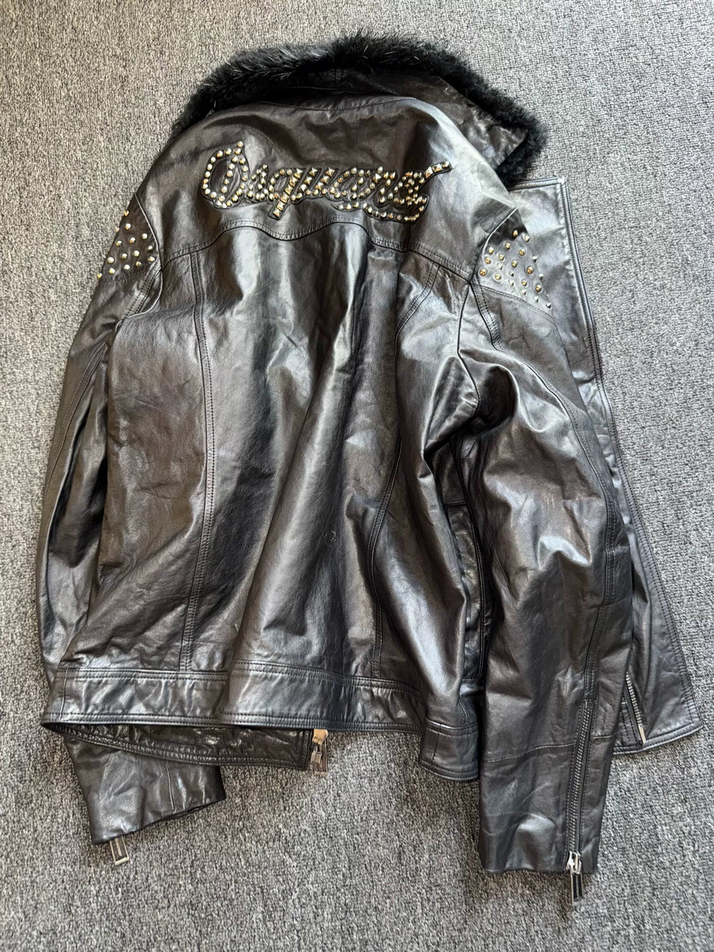 DSQUARED2 Black Fur Collar Rivet Mohair Leather Jacket