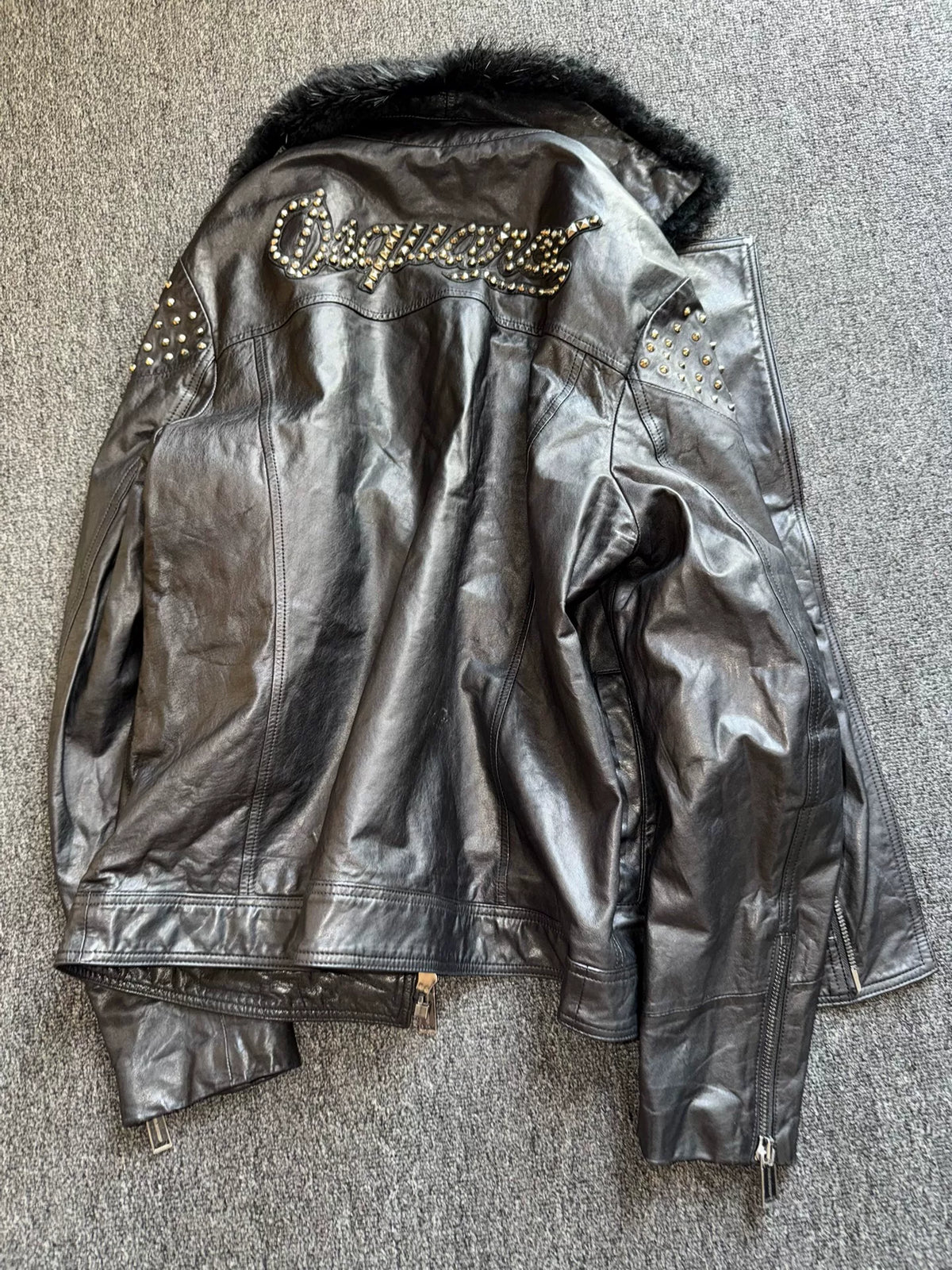 DSQUARED2 Black Fur Collar Rivet Mohair Leather Jacket