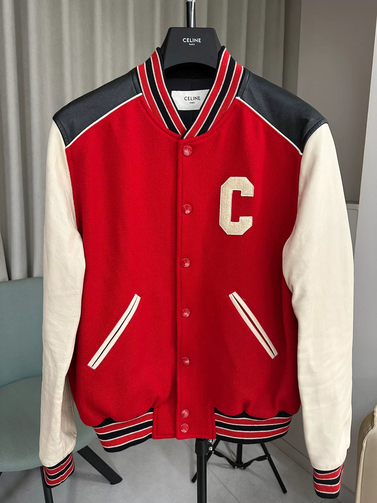 Celine Red Lambskin Sleeve Wool Embroidered Letter C Baseball Jacket
