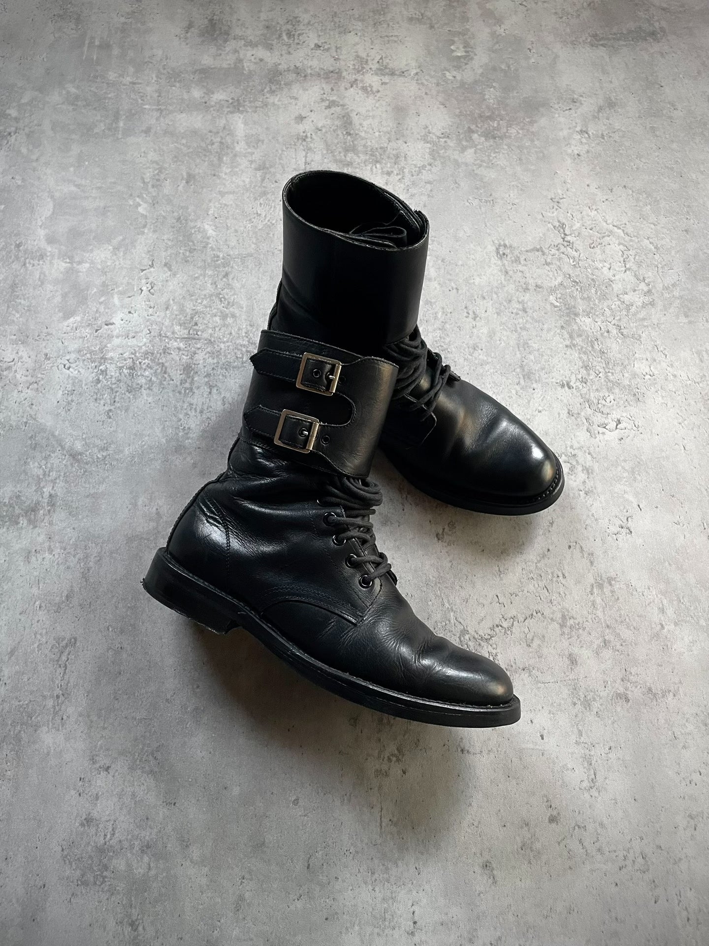 Saint Laurent Paris 13FW Hedi Slimane Double Buckle Lace-Up Leather Combat Boots by Hedi Slimane