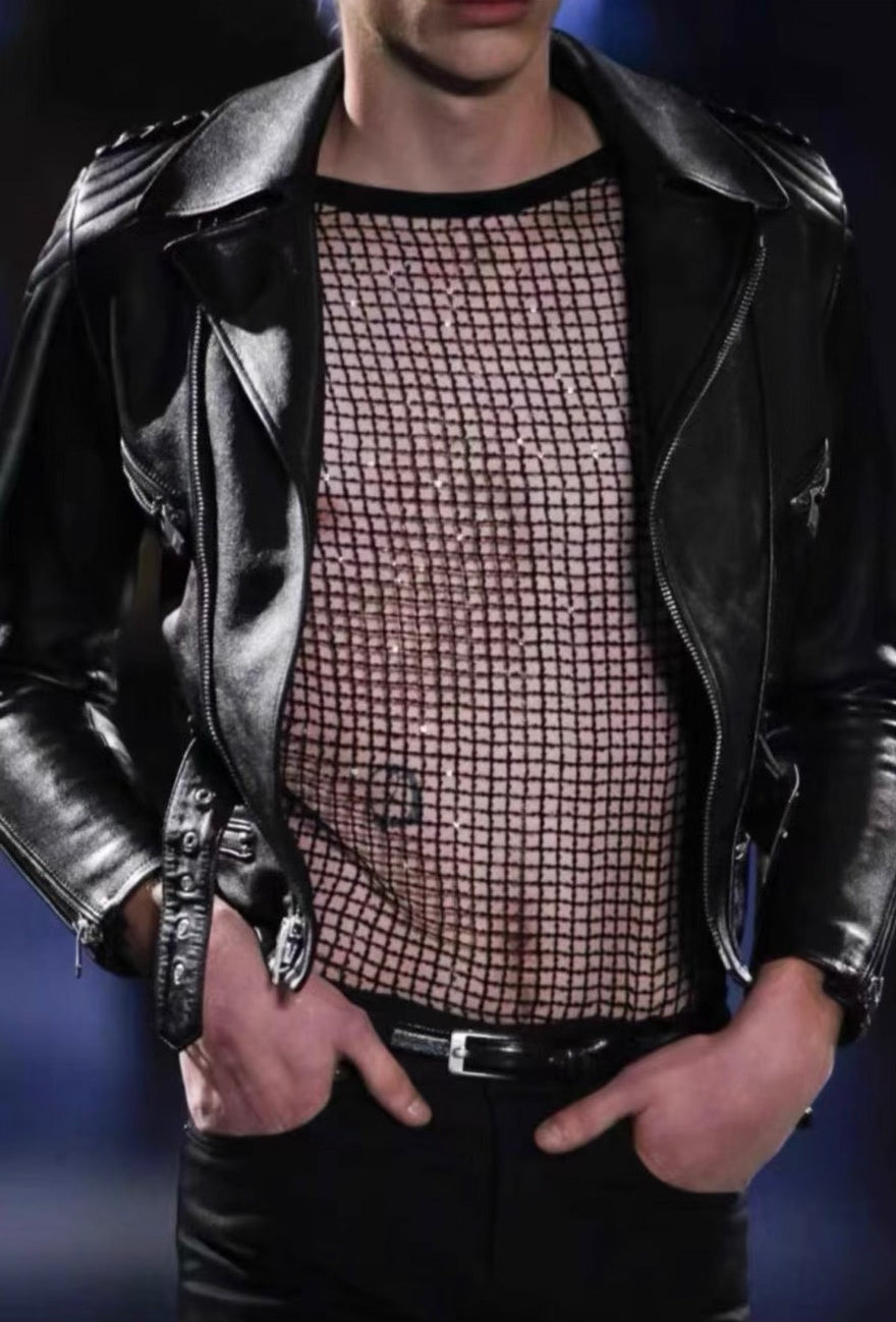 Saint Laurent FW15 Rhinestone Sequin Fishnet Black Top