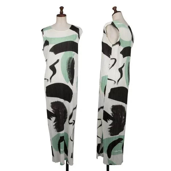 Issey Miyake Vintage Green Patterned Pleated Dress