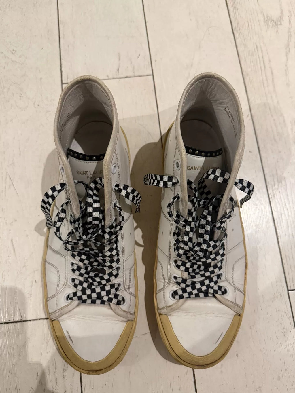 Saint Laurent Paris SS16 SL/37M White Distressed Checkerboard Laces Rivet High Top Sneakers by Hedi Slimane