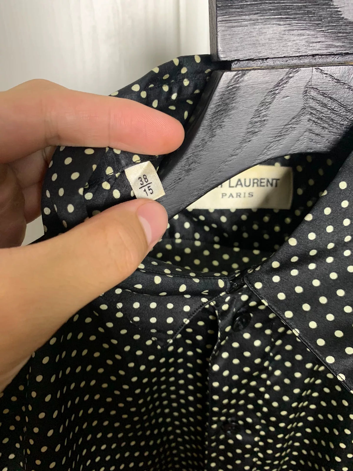 Saint Laurent 16FW Black White Silk Polka Dot Look Shirt