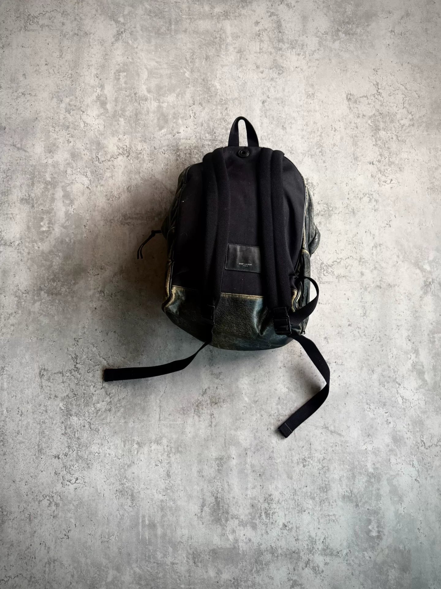 Saint Laurent Paris 16AW Black Washed Distressed Calfskin Backpack by Hedi Slimane