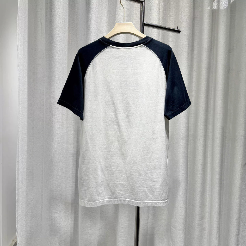 Dior Slogan Embroidered Logo Blue Color-Block Cotton Short Sleeve T-Shirt