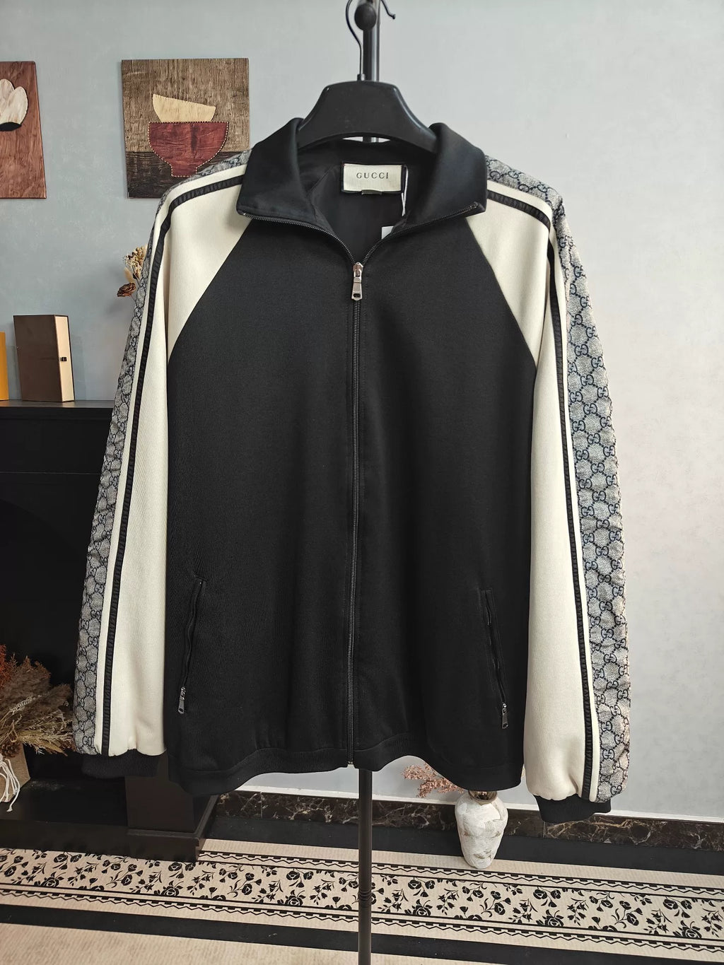 Gucci Black White Monogram Zip-Up Jacket