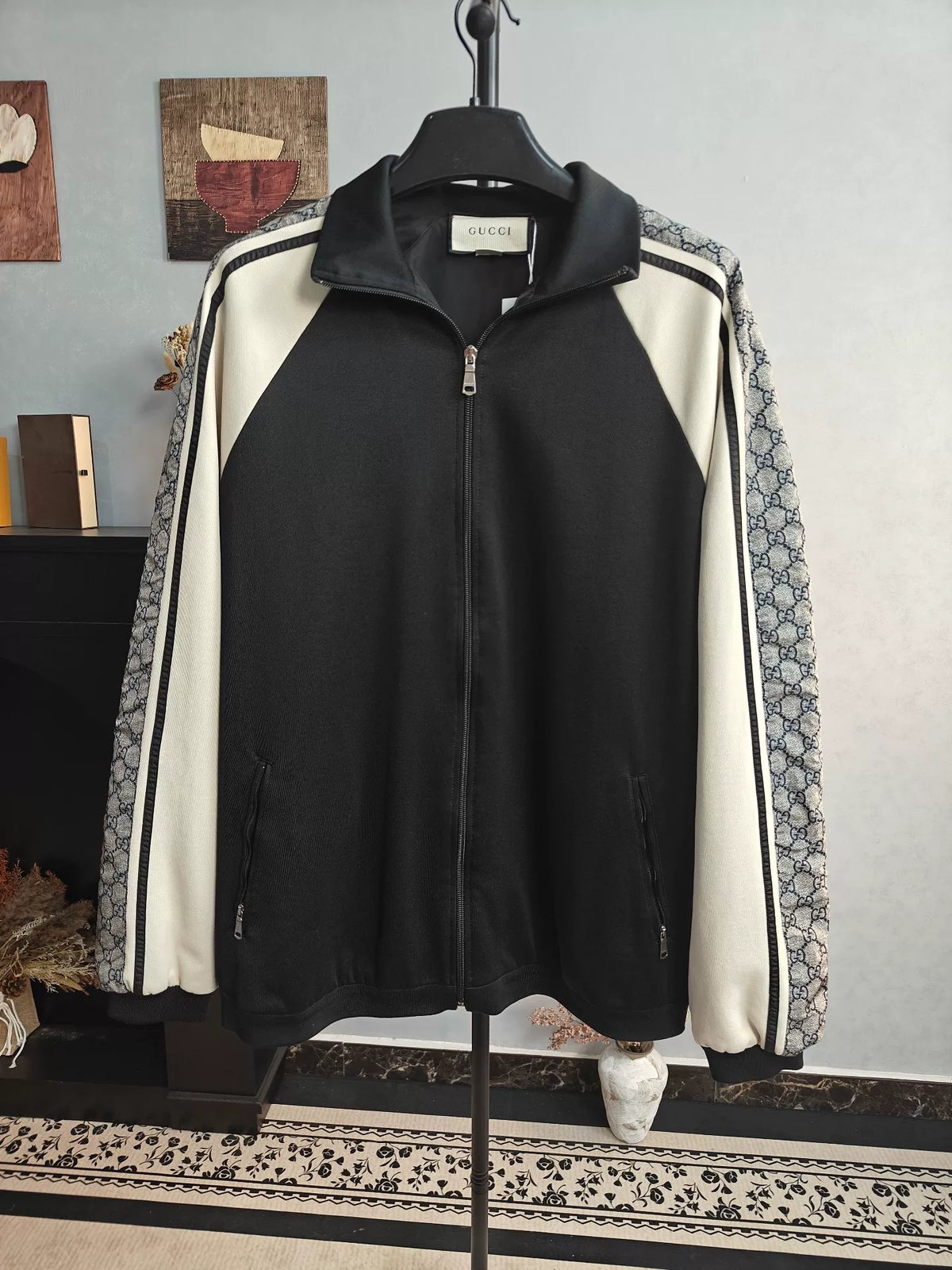Gucci Black White Monogram Zip-Up Jacket