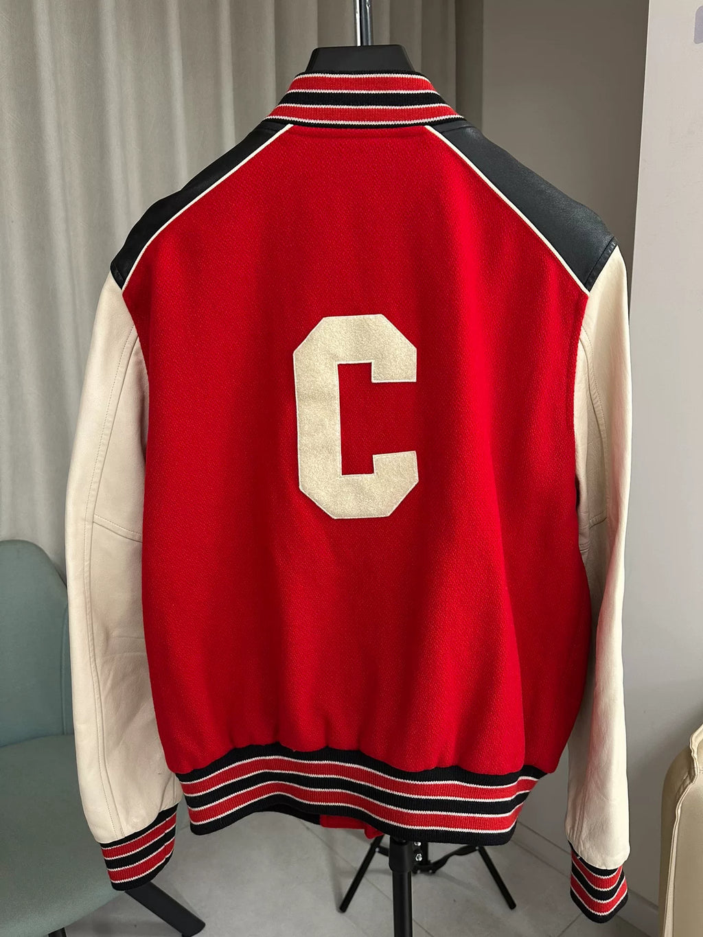 Celine Red Lambskin Sleeve Wool Embroidered Letter C Baseball Jacket
