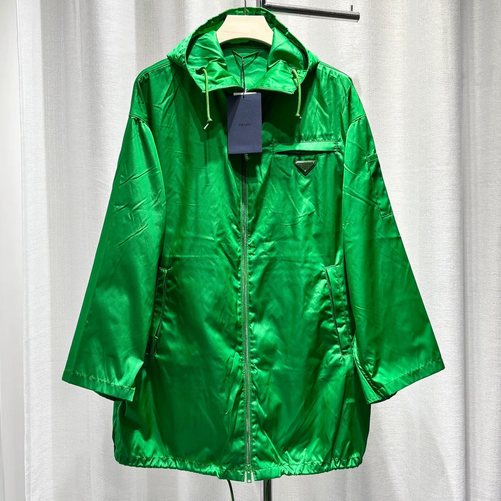 Prada Long Sleeve Metallic Triangle Logo Zip Hooded Drawstring Green Jacket