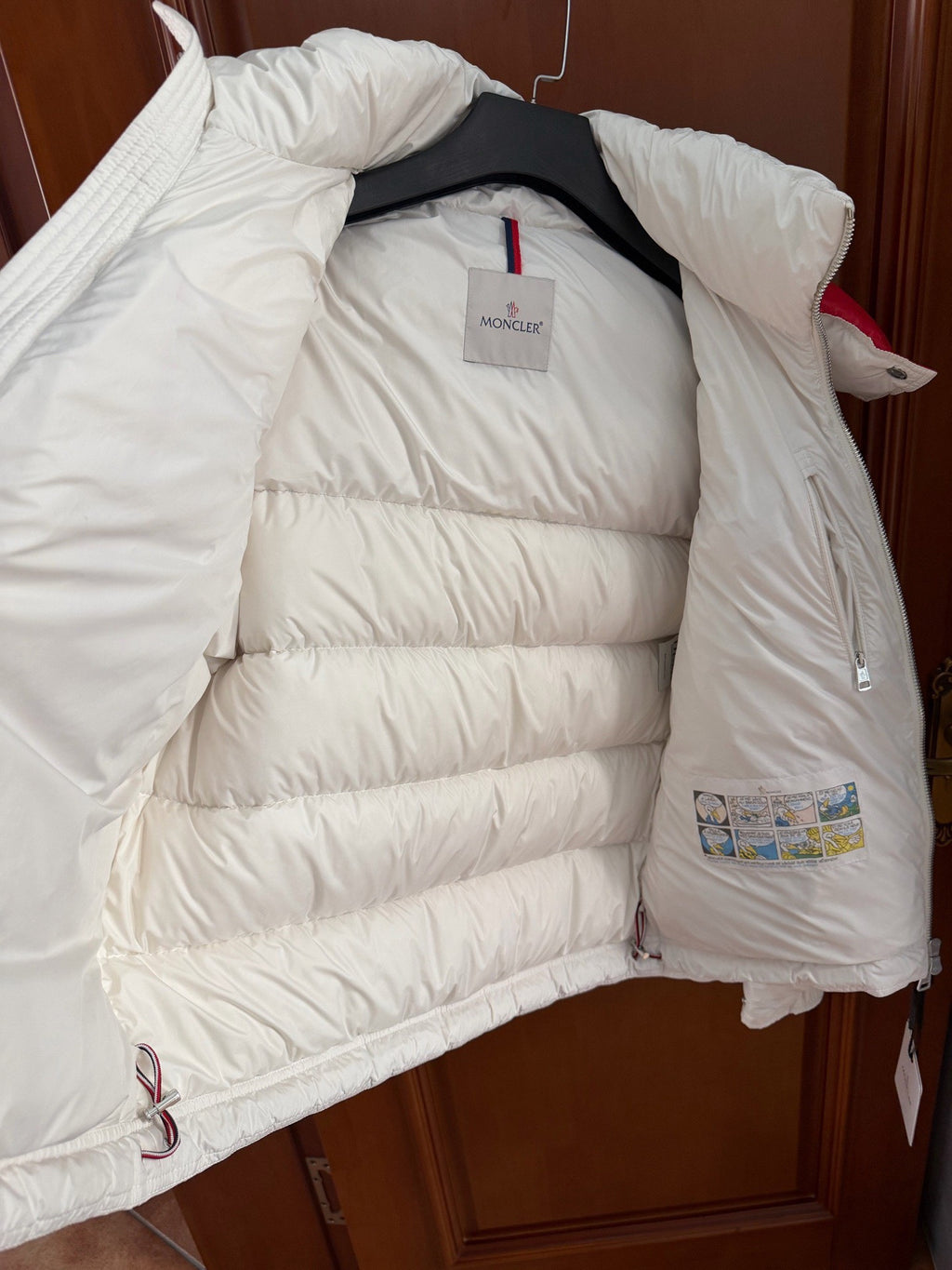 Moncler White Red Glossy Hooded Down Jacket