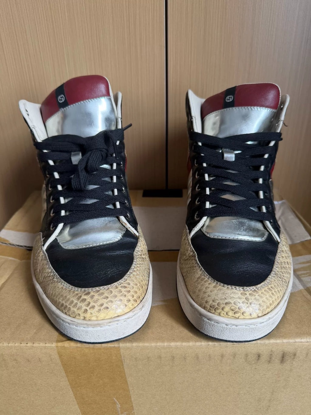 gucci snake print Panel Silver boots
