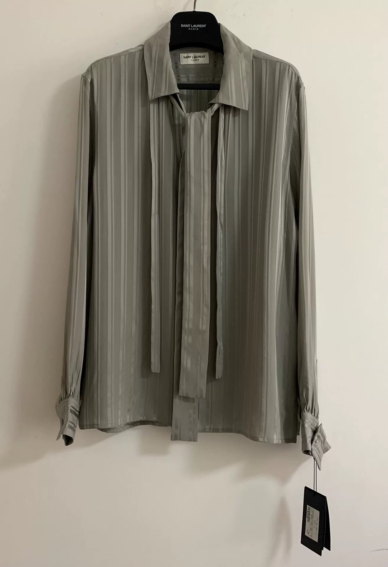 Saint Laurent 22FW Runway Silk Silver Striped Shirt