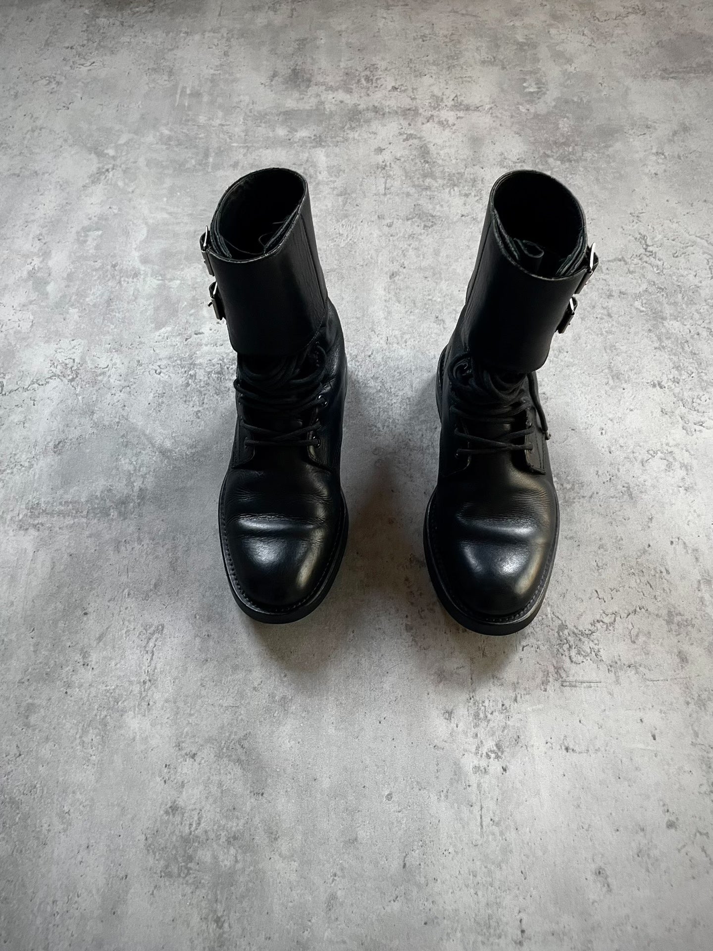 Saint Laurent Paris 13FW Hedi Slimane Double Buckle Lace-Up Leather Combat Boots by Hedi Slimane