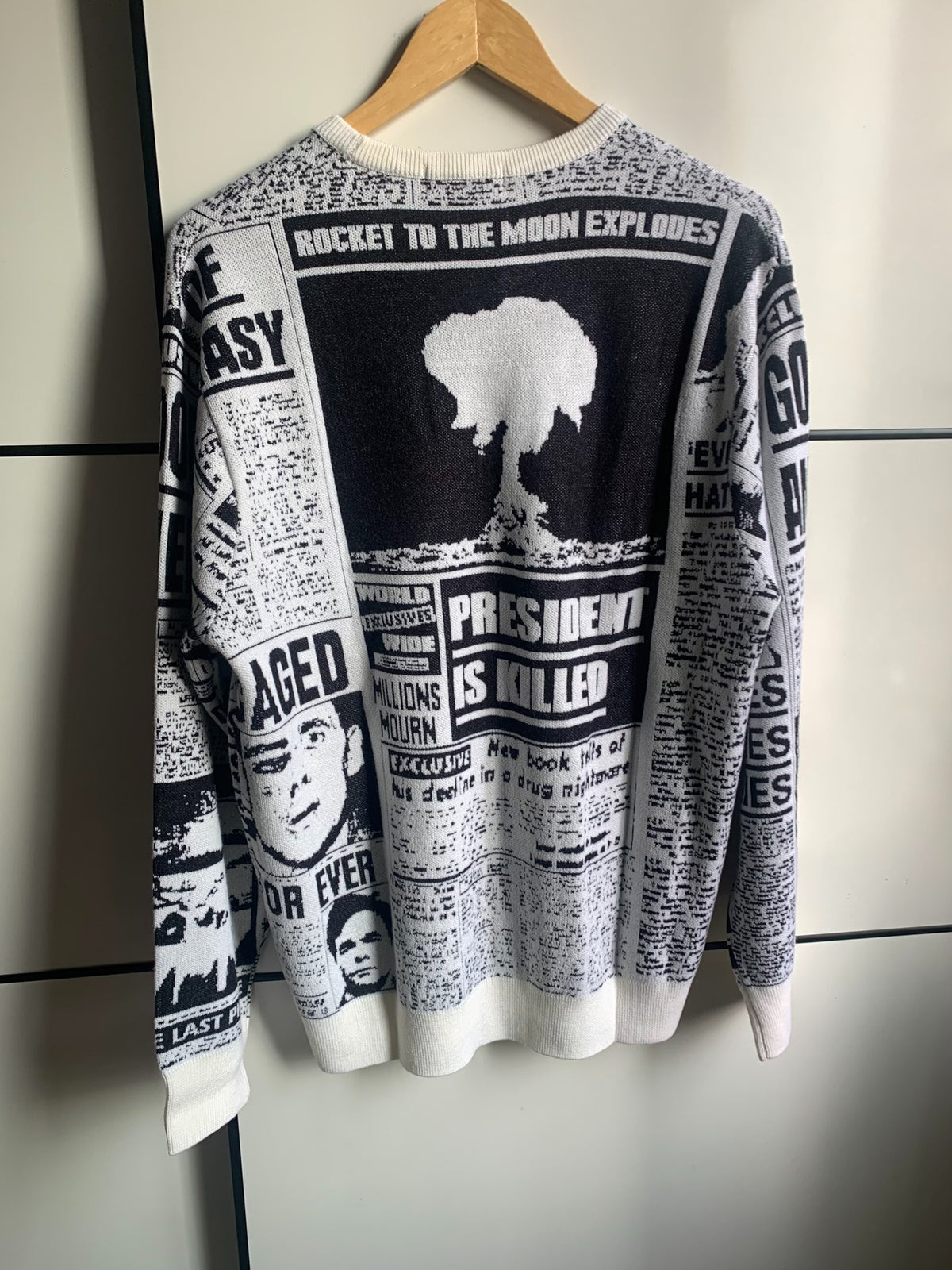 Supreme Black & White Newspaper Print Wool Viscose Sweater