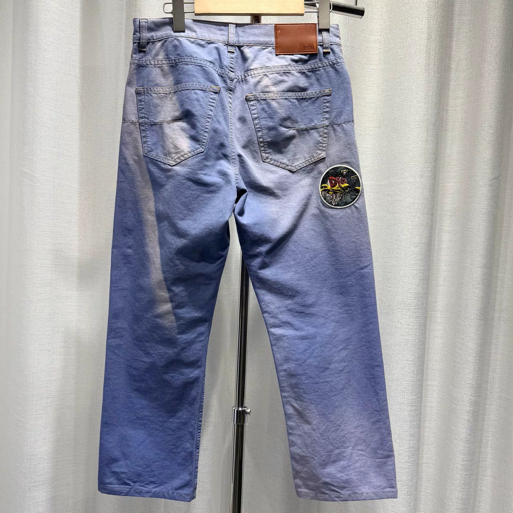 Dior Embroidered Logo Tie-Dye Straight-Leg Leather Patch Blue Jeans
