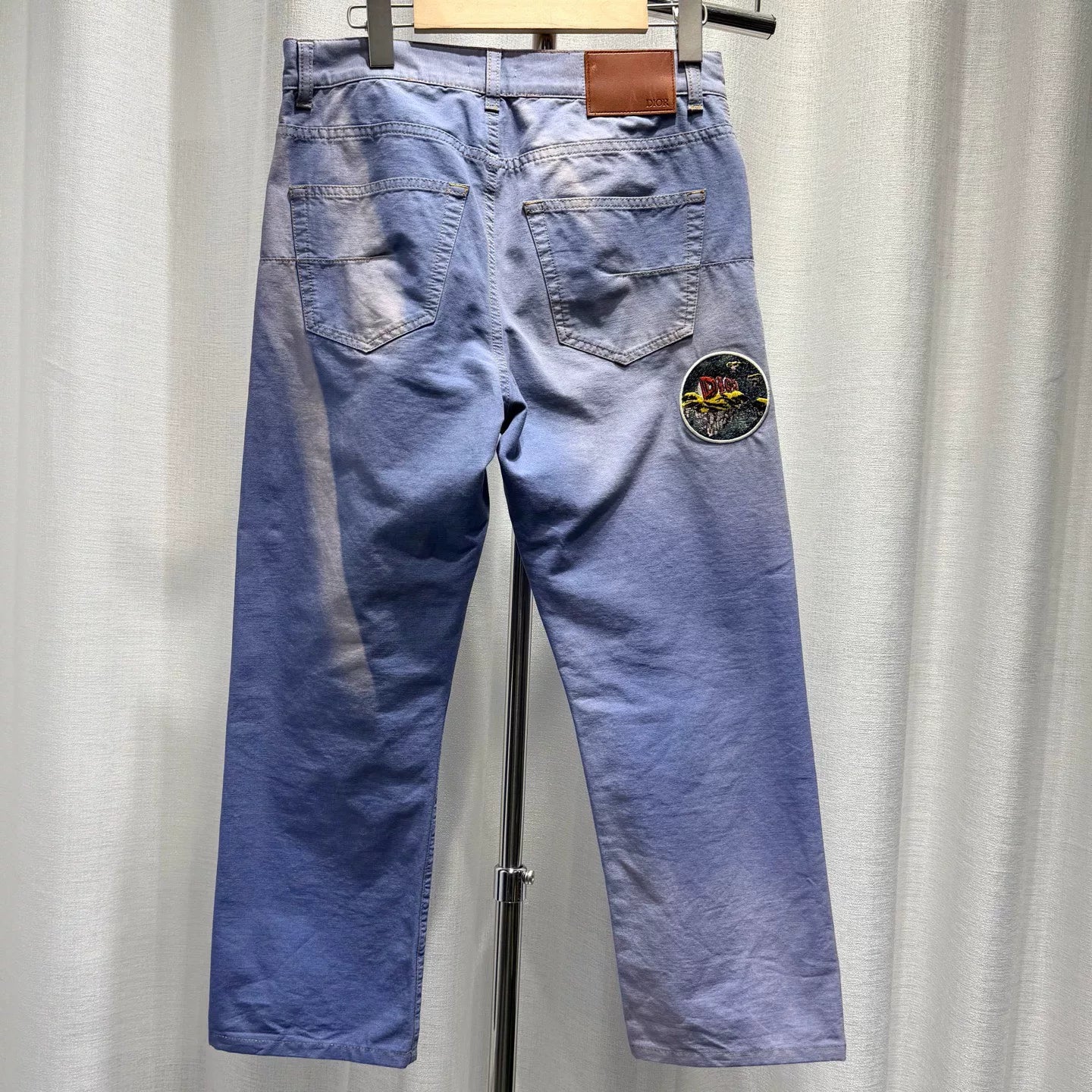 Dior Embroidered Logo Tie-Dye Straight-Leg Leather Patch Blue Jeans