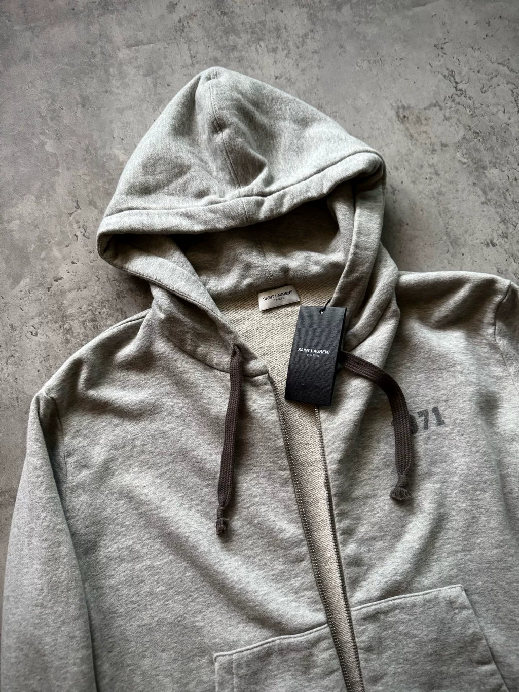 Saint Laurent 17AW Distressed Patch Hooded Gray Sweater by Anthony Vaccarello