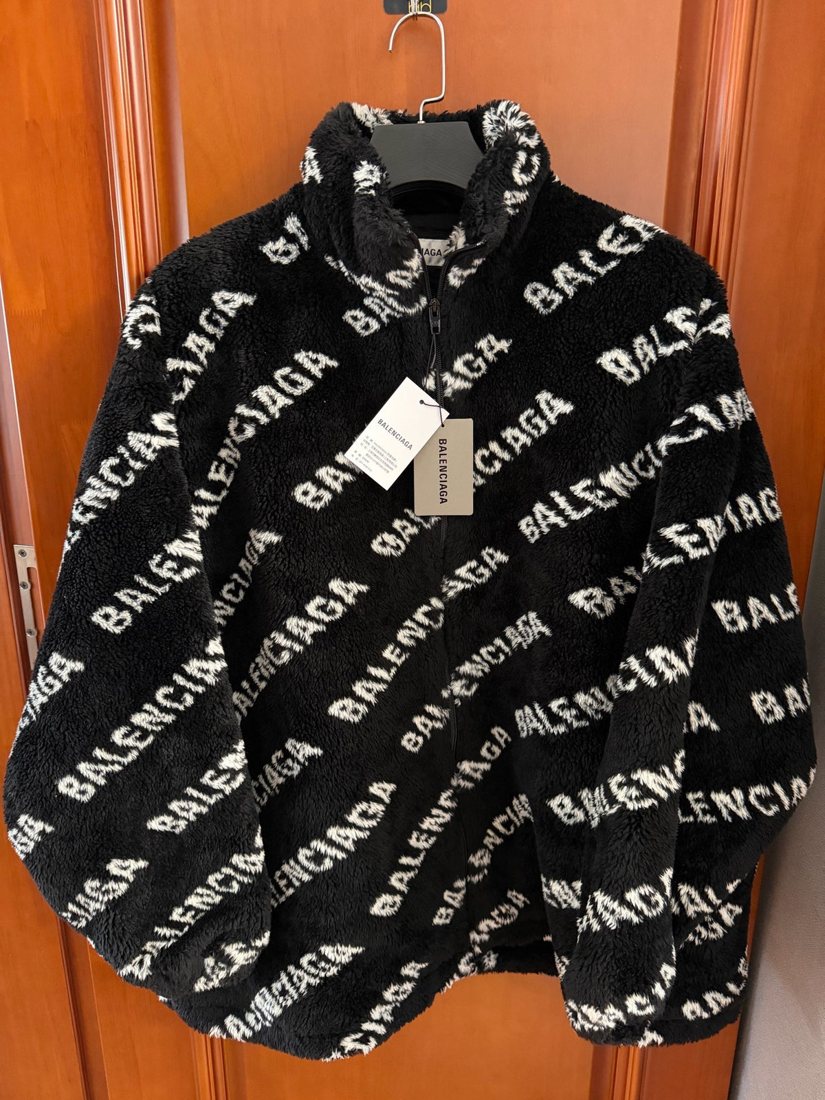 Balenciaga Black All-Over Logo Teddy Jacket