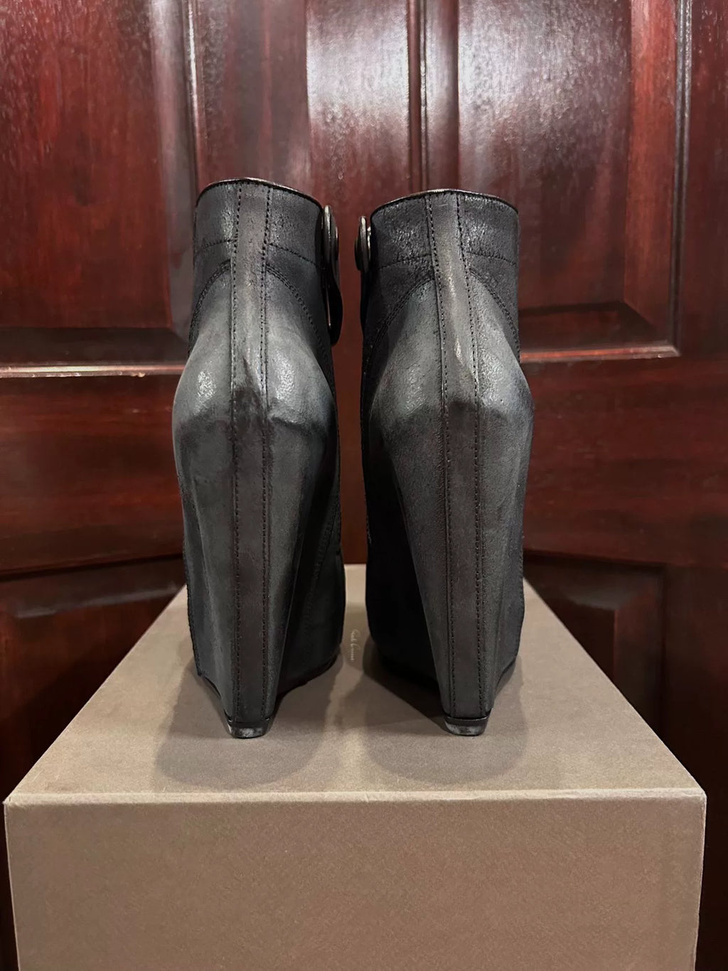 Rick Owens Black Reverse Leather Wedge Boots