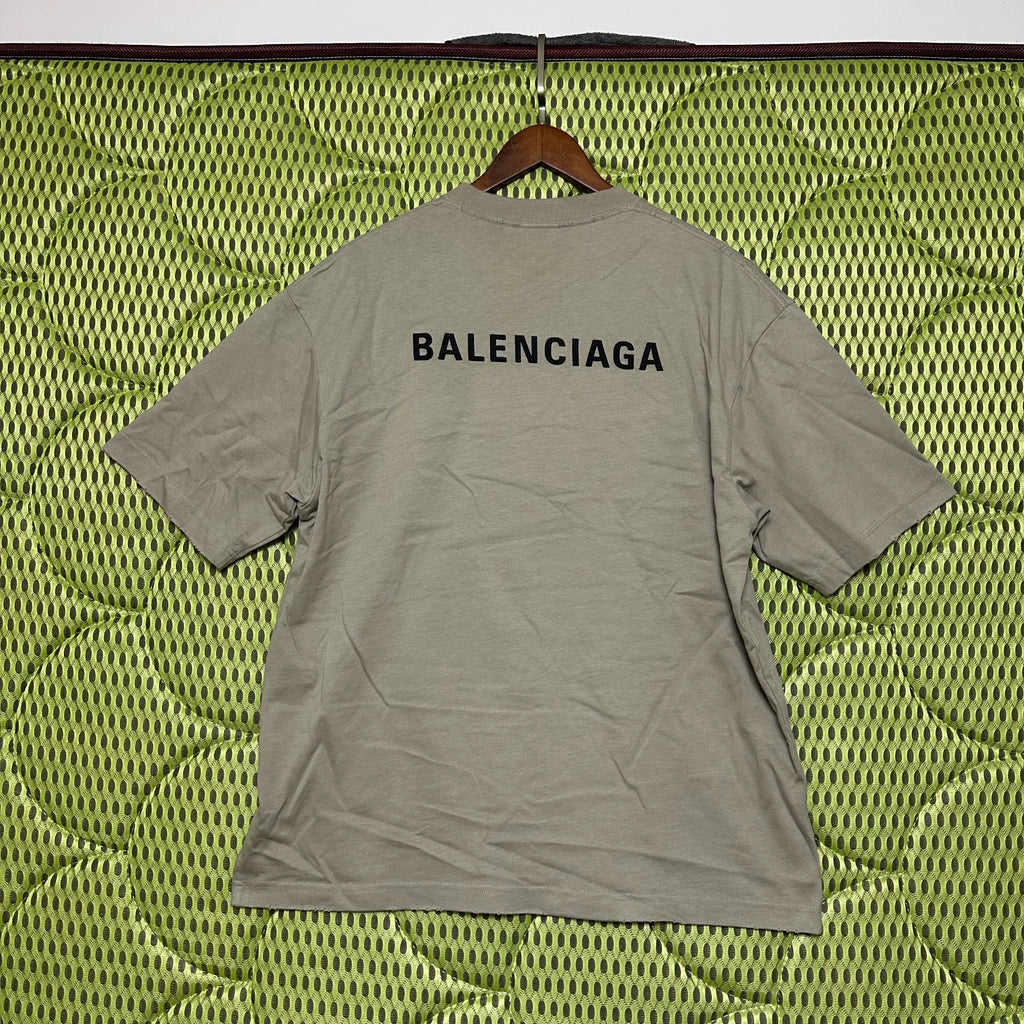 Balenciaga Khaki Grey Flocked Letter Short Sleeve Top