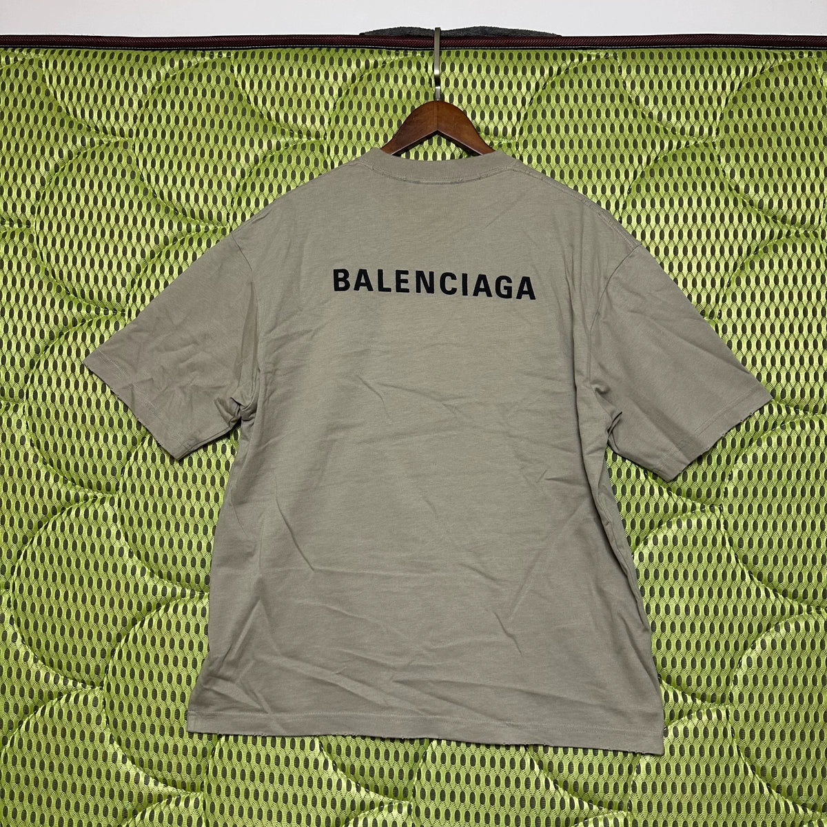Balenciaga Khaki Grey Flocked Letter Short Sleeve Top