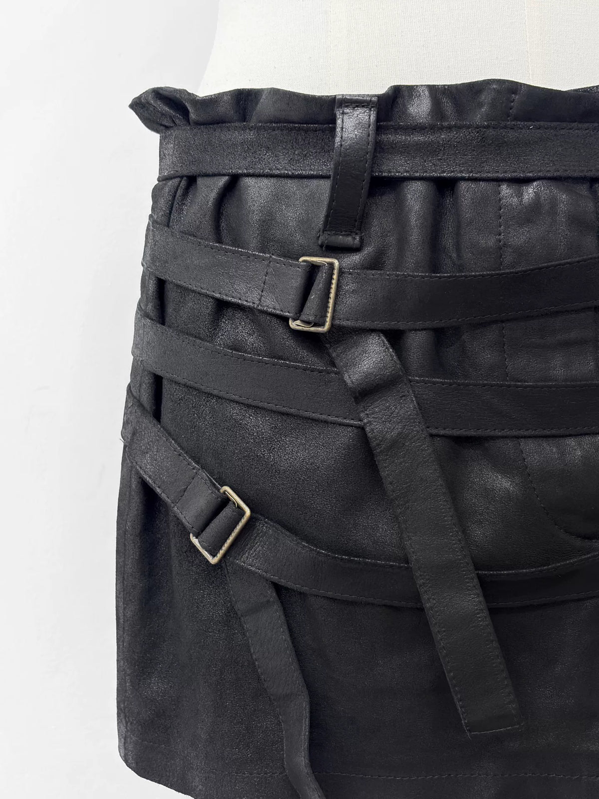 Ann Demeulemeester SS03 Black Burnt Lambskin Strap Skirt
